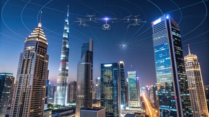 Fototapeta premium A futuristic drone swarm flies above a modern city skyline at night, highlighting advanced technology and urban innovation.