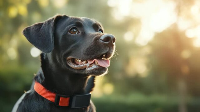 Black dog with orange collar happy outdoors in nature, joyful pet animal with shiny fur, mammal enjoying soft sunlight and natural green background collar outdoor pet animal mammal