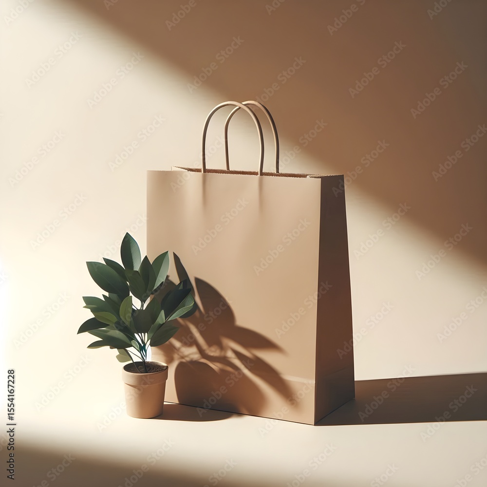 Poster eco-friendly paper shopping bag is placed in studio with soft shadows on a neutral background for cl
