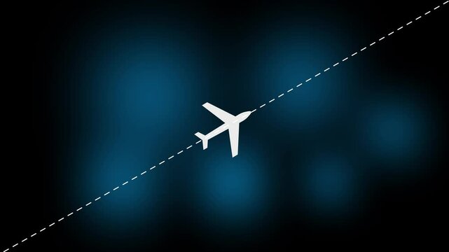 Airplane line path animation, air plane flight route with start point, Airplane Running on Dash Track with black Background. Alpha channel. Transparent background.4k video