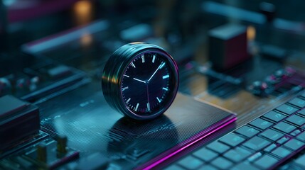 Futuristic holographic projection clock hovering over digital workstation neon tech background AI driven virtual time display high resolution cyberpunk clock visual isometric angle  