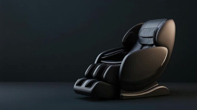 Modern black massage chair with ergonomic design and cushioned support offering luxury relaxation comfort technology furniture perfect for stress relief in sleek dark room setting