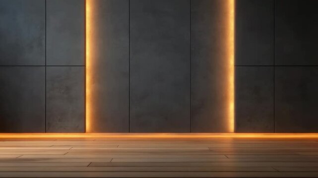 Modern interior wall featuring vertical warm light strips and wooden floor, creating cozy and stylish atmosphere with modern interior, wall, light, vertical, warm, wooden, floor, cozy, stylish design