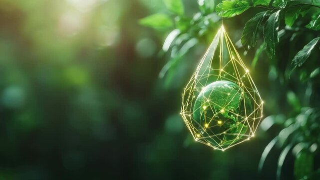 Technology and nature concept.A glowing geometric shape encases a green sphere, symbolizing the Earth, suspended among lush green leaves in a sunlit forest.
