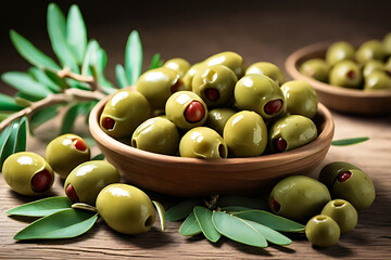 Green and black olives with fresh green olives in a bowl on a wooden background for a healthy Mediterranean snack