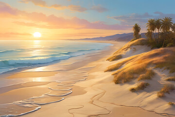 Beautiful sunset over the tranquil beach, with the sun's reflection on the water and colorful clouds painting the sky