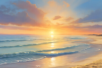 Beautiful sunset over the tranquil beach, with the sun's reflection on the water and colorful clouds painting the sky