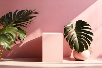 Open book on a table with tropical flowers, sun, and green leaves for a relaxing summer beach holiday