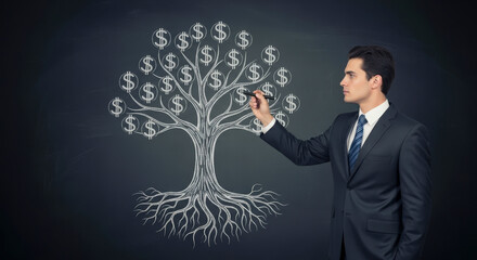 Young Businessman Drawing a Money Tree on a Blackboard in a Studio Setting Wearing Suit Showing Wealth Growth and Financial Success