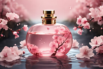 Glass perfume bottle with pink rose for luxury aroma and beauty care
