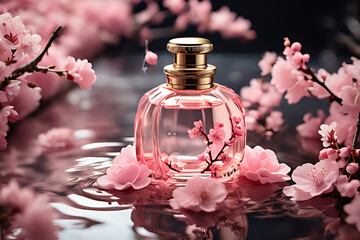 Luxury glass perfume bottle with rose petals and a hint of essential oil