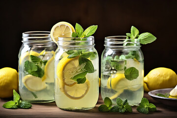 Refreshing Citrus:  A trio of mason jars brim with zesty lemonade, adorned with fresh mint and lemon slices, a bright and inviting scene of pure refreshment.