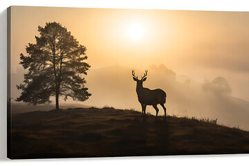 Silhouette of a wild deer against an orange sunset landscape