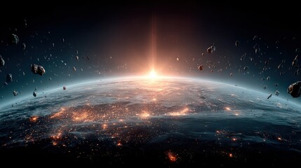 Earth at sunrise, asteroid field