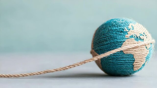 Technology and nature concept.A ball of yarn designed to look like the globe, with beige string forming the continents on a blue background.