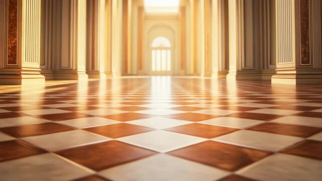 Elegant marble floor checkered pattern grand hall with tall columns warm sunlight classical architecture polished spacious interior majestic atmosphere