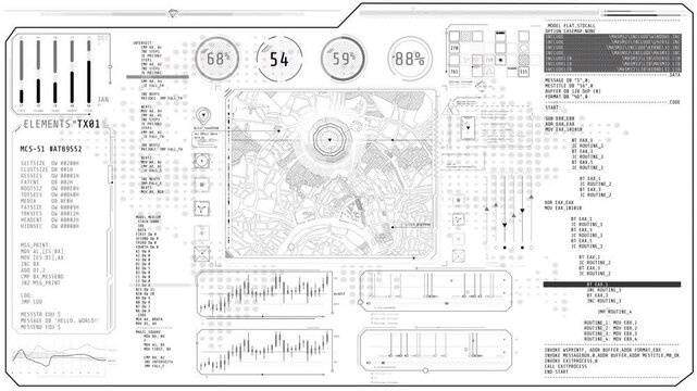 Animation of a high-tech interface with a map and program codes