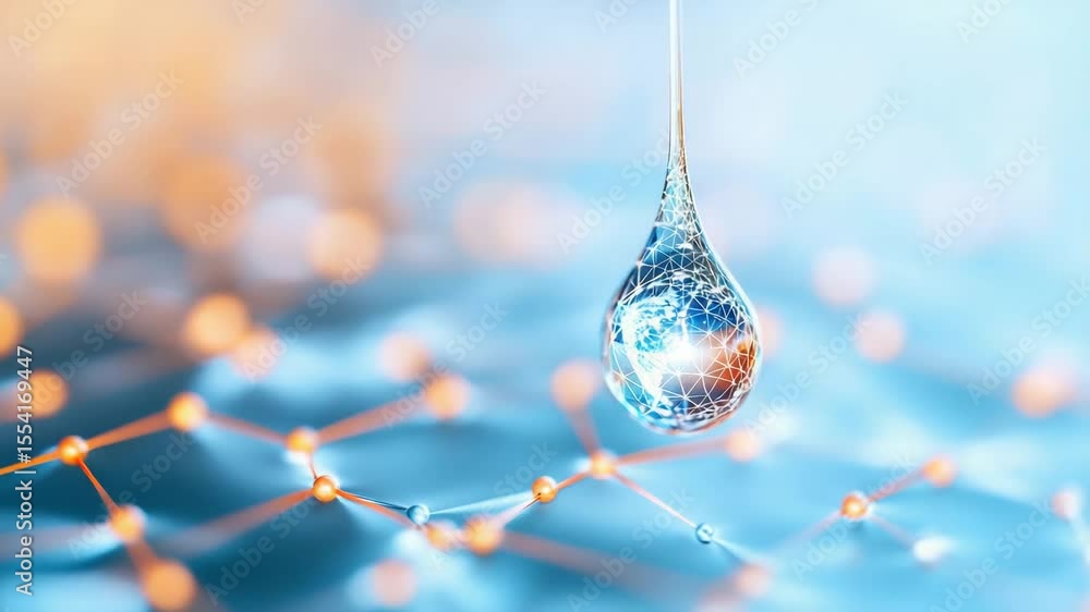 Poster technology and nature concept.a digital water droplet with a network and globe pattern floats above 