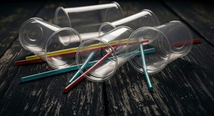 Scattered Clear Plastic Cups and Colorful Straws on Dark Wood Table Top Emphasizing Disposable Waste and Environmental Pollution Problem