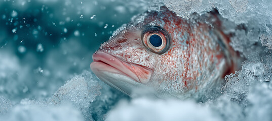 close-up of frozen fish on ice