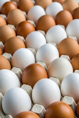 A large number of eggs, both brown and white, packed closely together in a tray.