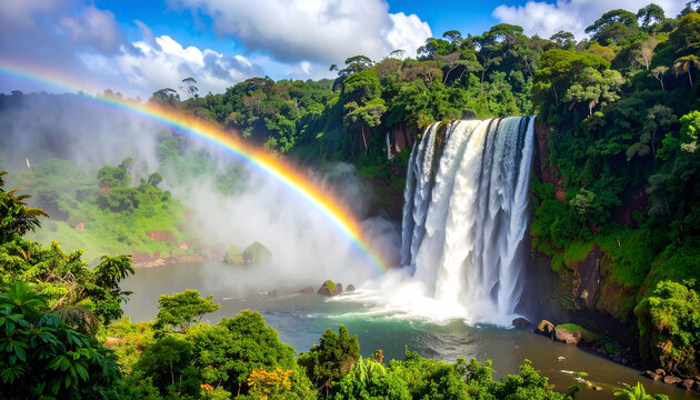 Lush rainforest waterfall cascading into a pool, a vibrant rainbow arcing over the mist-shrouded scene under a partly cloudy sky - Powered by Adobe