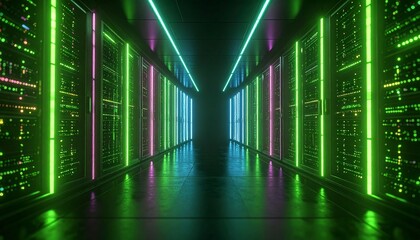 ネオンに輝くサーバーファーム：未来的なデータセンターの通路Generated image