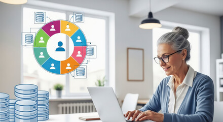 Mature Woman in Glasses Using Laptop at Desk with Visual Data Display in Bright White Office Interior