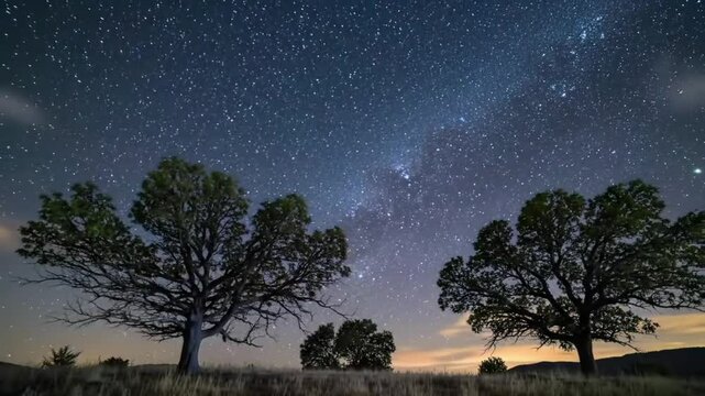 Night timelapse of the Milky Way with thousands of stars moving slowly across the sky, silhouettes of trees in foreground, dark and immersive, 4K looping nature background.