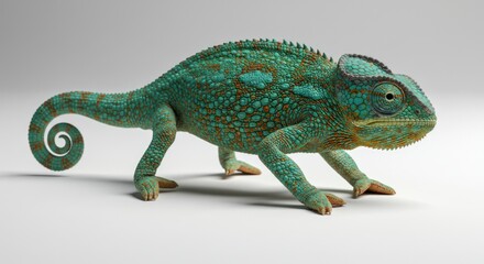 Obraz premium Colorful Chameleon Lizard with Bright Blue and Orange Scales on Gray Background