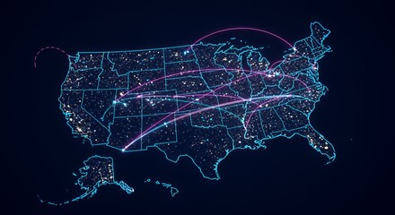 Networked Nation: A vibrant digital map of the USA pulses with interconnected data streams.