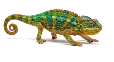 Obraz premium Colorful Chameleon Reptile with Bright Green and Orange Scales on White Background