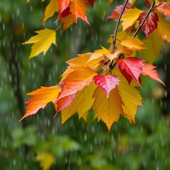 Obraz premium Leaves bouncing gently under a steady drizzle, colors brightened.