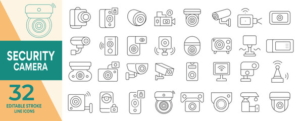 Security camera icon set cctv surveillance system . Editable stroke line protection, access, secure of data, document, recognition, security camera, and more. Vector illustration