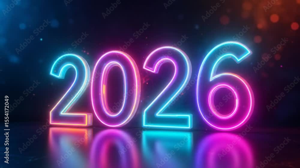 Poster animated 2026 neon sign on reflective surface with colorful bokeh background