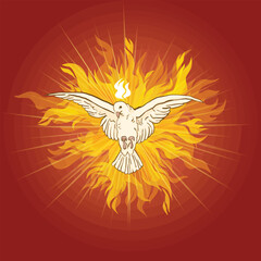 Holy Spirit symbol - a white dove, with halo of light flame fire rays and Holy Trinity symbol