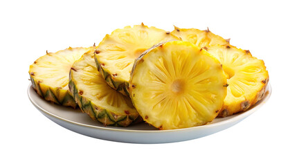 Pineapple slices arranged on a white ceramic plate on Transparent background PNG