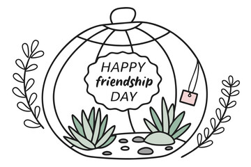 Minimalist vector illustration of a glass terrarium with plants and soil