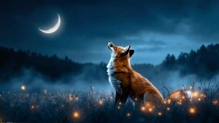 Fox sitting in a field at night looking up at the crescent moon in the dark blue sky above it video - Powered by Adobe