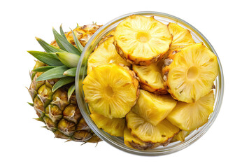 Pineapple with green leaves and bowl of sliced pineapple on Transparent background PNG