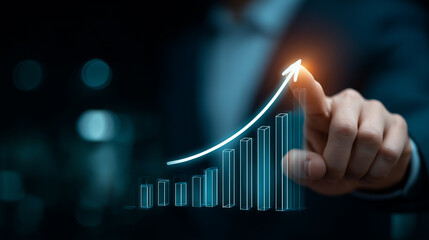 Glowing touch screen check chart draw  rise arrow graph, show smart strategy.