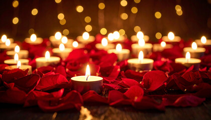 A heart-shaped arrangement of lit tea light candles nestled amongst scattered red rose petals on a dark wooden surface, with a soft bokeh of warm lights in the background