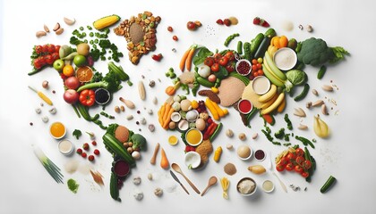 Creative food styling forms a global map using healthy ingredients on a minimalist white surface for branding and editorial use.