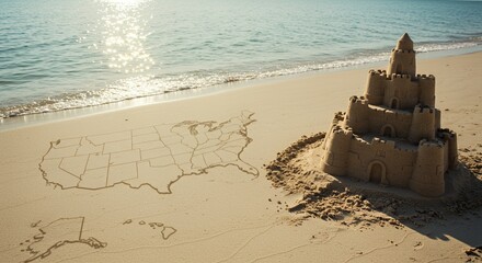 Majestic Sandcastle Guards a Sun-Kissed Map of the USA on a Tranquil Beach