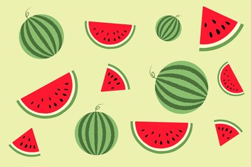 Seamless Watermelon Pattern – Cute Slices and Whole Fruits on Light Green Background