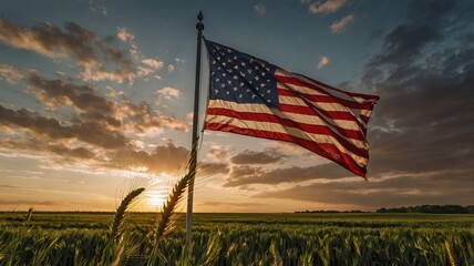 American flag waving proudly in a field of wheat at sunset with a cloudy sky backdrop scene