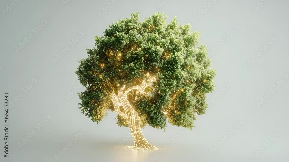 Poster technology and nature concept.a glowing digital tree with illuminated branches and green foliage aga