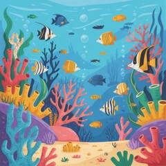 Colorful Coral Reef with Tropical Fish and Marine Life