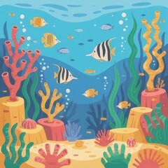 Colorful Coral Reef with Tropical Fish and Marine Life