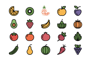 Colorful flat vector icons of fresh fruits and vegetables